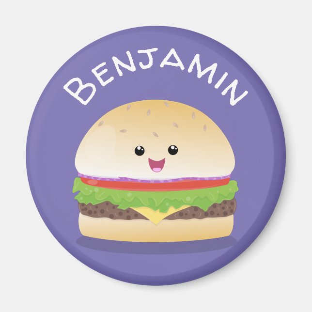 Cute kawaii lycklig hamburger tecknad illustration magnet (Framsidan)