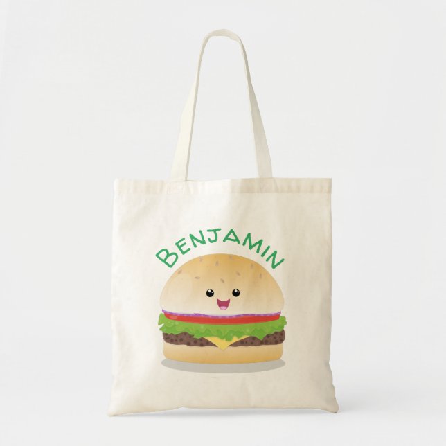 Cute kawaii lycklig hamburger tecknad illustration tygkasse (Framsidan)