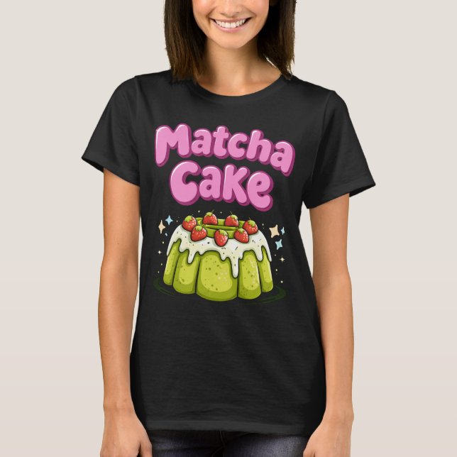 Cute Kawaii Matcha Cake Strawberry Dessert T-Shirt (Framsida)