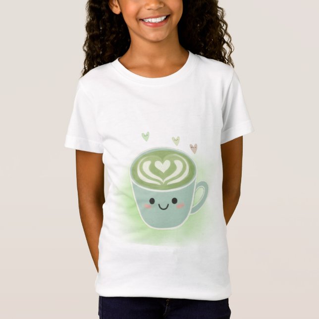 Cute Kawaii Matcha Latte Heart Kids T-Shirt (Framsida)