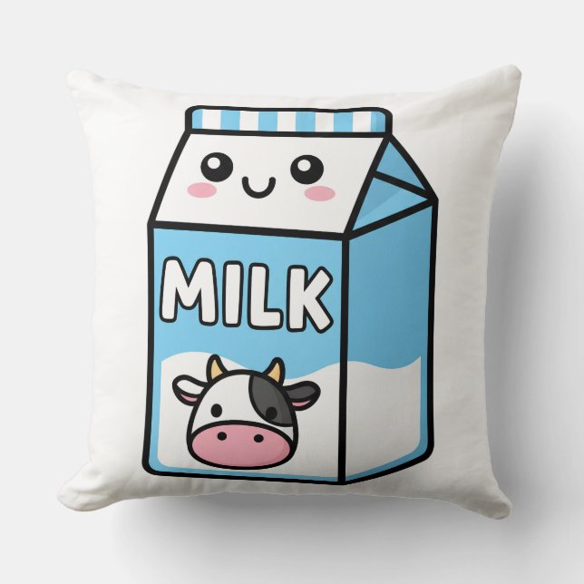 Cute Kawaii Milk Carton Illustration with Cow Icon Kudde (Framsida)