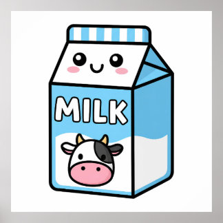 Cute Kawaii Milk Carton Illustration with Cow Icon Poster