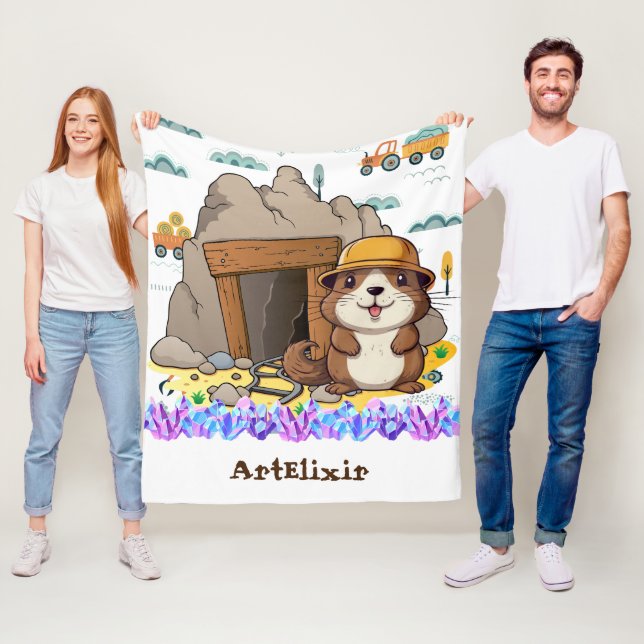 Cute Kawaii Miner Animal Gopher Modern Print Fleecefilt (På plats)