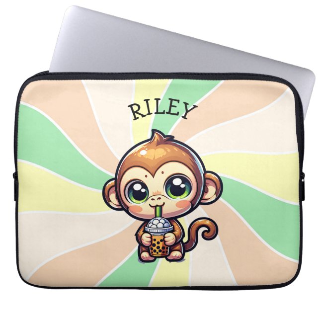 Cute Kawaii Monkey med Bubble Tea Personlig Laptop Fodral (Framsidan)
