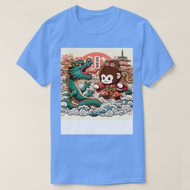 Cute Kawaii Monkey mot Dragon i japansk Pagoda-kla T Shirt (Design framsida)