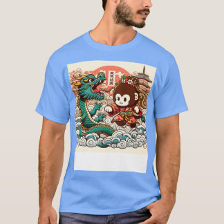 Cute Kawaii Monkey mot Dragon i japansk Pagoda-kla T Shirt