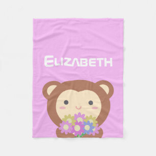 Cute Kawaii Monkey och Flowers Lila Rosa Namn Fleecefilt