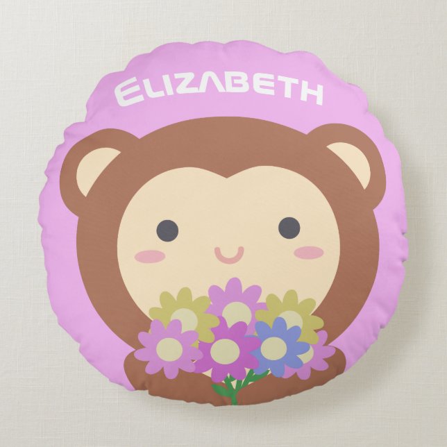 Cute Kawaii Monkey och Flowers Lila Rosa Namn Rund Kudde (Framsidan)