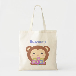 Cute Kawaii Monkey och Flowers Lila Rosa Namn Tygkasse