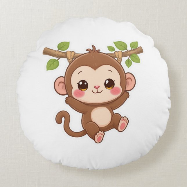 Cute Kawaii Monkey Rund Kudde (Framsidan)