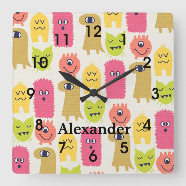 Cute Kawaii Monsters Nursery Wall Clock Fyrkantig Klocka (Framsida)