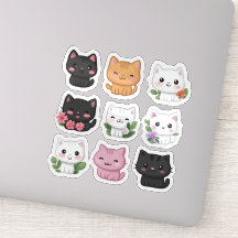 Cute Kawaii Multifärgad Blommigt Kat Sticker Set