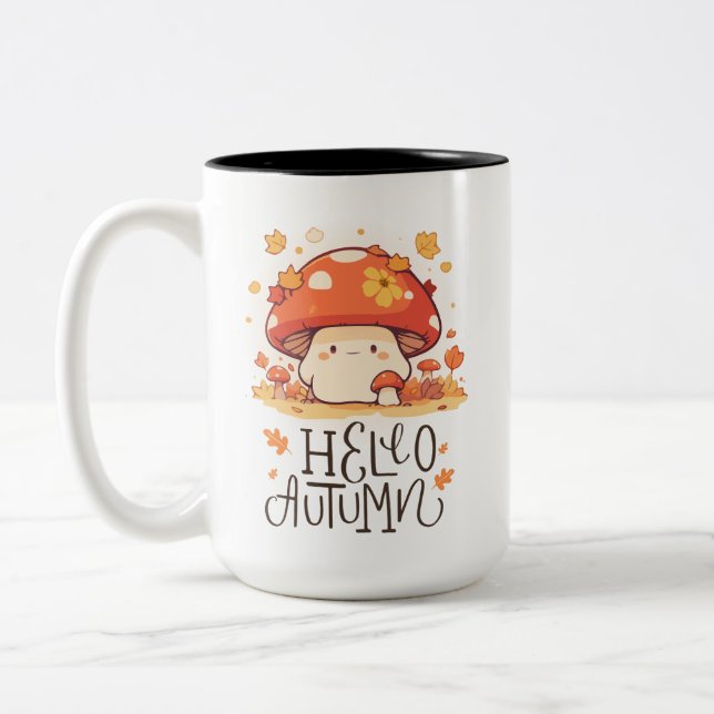 Cute kawaii Mushroom Hej Hösten Två-Tonad Mugg (Vänster)