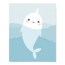 Cute kawaii narwhal simmande i mjukt blått vågar