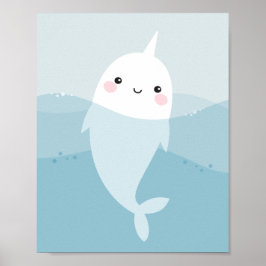 Cute kawaii narwhal simmande i mjukt blått vågar poster