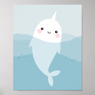 Cute kawaii narwhal simmande i mjukt blått vågar poster