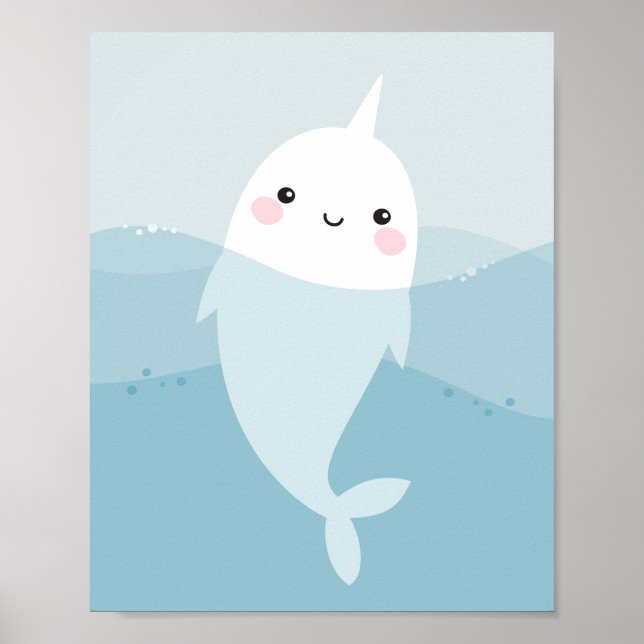 Cute kawaii narwhal simmande i mjukt blått vågar poster (Framsidan)