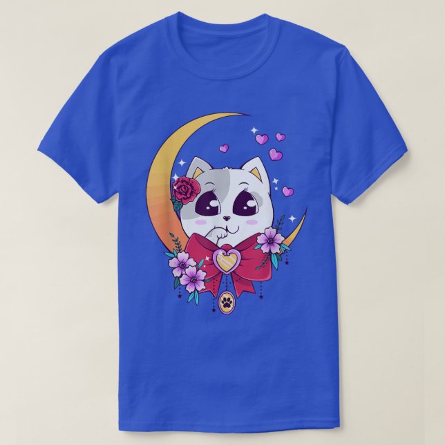 Cute Kawaii Neko Cat Anime Måne Pastel  T Shirt (Design framsida)