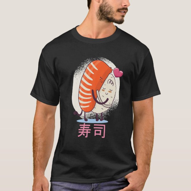 Cute Kawaii Nigiri Sushi Hugging - Funny Japanese T Shirt (Framsida)