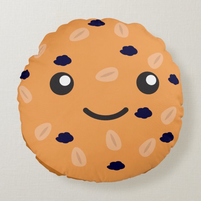 Cute Kawaii Oatmat Raisin Cookie Rund Kudde (Framsidan)
