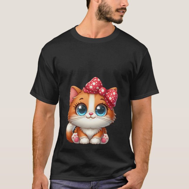 Cute Kawaii Orange Kitten Red Polka Dot Bow Cat  T Shirt (Framsida)
