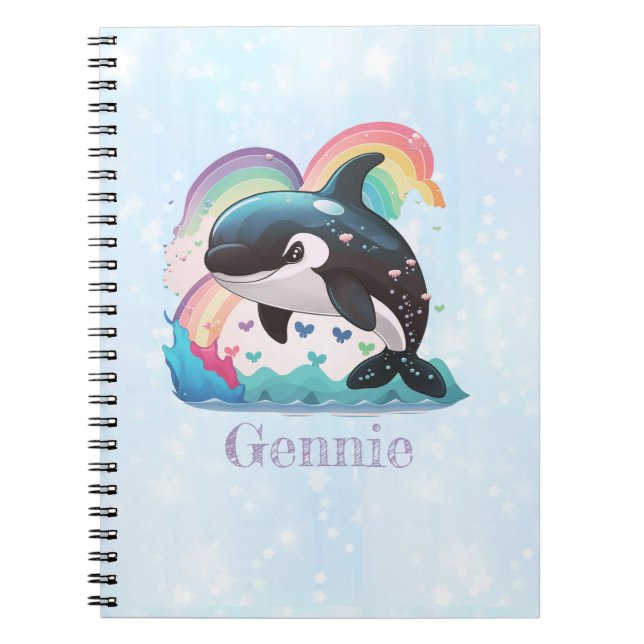 Cute Kawaii Orca Killer Whale Rainbows Butterflies Anteckningsbok (Framsidan)