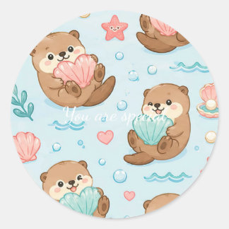 Cute Kawaii Otter Heart Seashell Pattern Runt Klistermärke