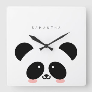 Cute Kawaii Panda Lägg till ditt namn Fyrkantig Klocka