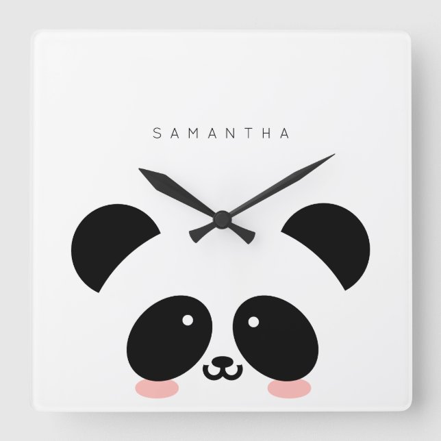 Cute Kawaii Panda | Lägg till ditt namn Fyrkantig Klocka (Framsida)