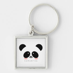 Cute Kawaii Panda Lägg till ditt namn Fyrkantig Silverfärgad Nyckelring
