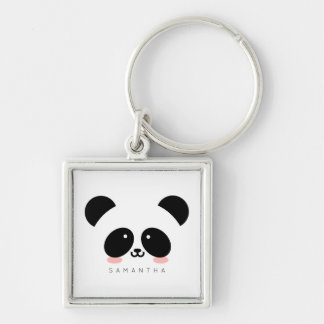 Cute Kawaii Panda| Lägg till ditt namn Fyrkantig Silverfärgad Nyckelring