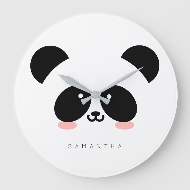 Cute Kawaii Panda| Lägg till ditt namn Stor Klocka (Framsida)