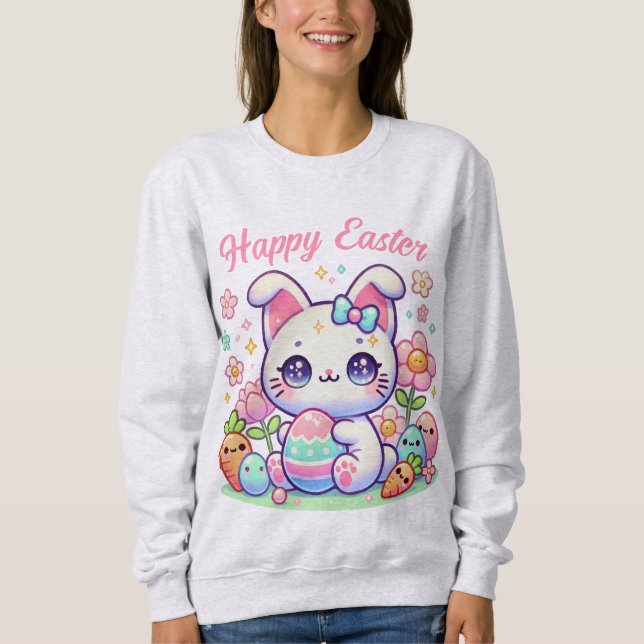 Cute Kawaii Påsk Cat Sweatshirt - Bunny Öron T Shirt (Framsida)