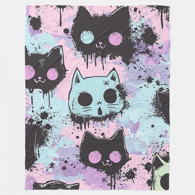 Cute Kawaii Pastel Goth Patchwork Creepy Cat Fleecefilt (Framsidan)
