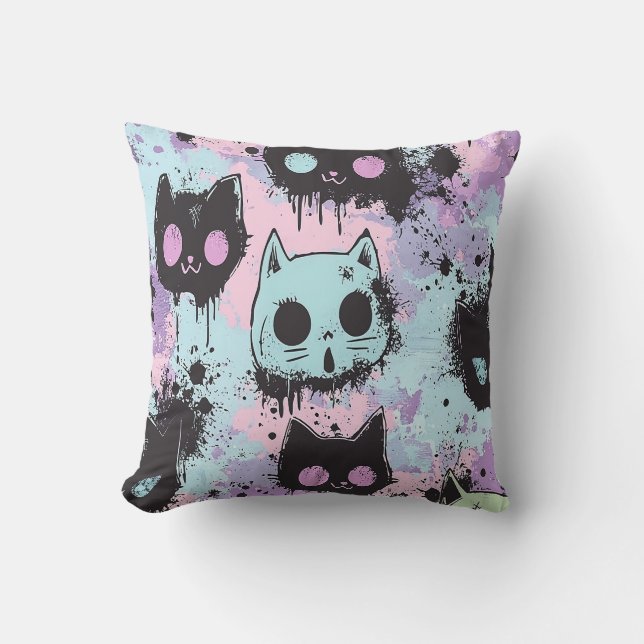 Cute Kawaii Pastel Goth Patchwork Creepy Cat Kudde (Framsida)
