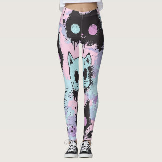 Cute Kawaii Pastel Goth Patchwork Creepy Cat Leggings