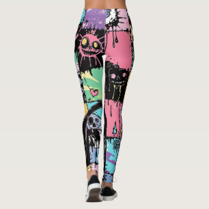 Cute Kawaii Pastel Goth Patchwork Creepy Cat Leggings