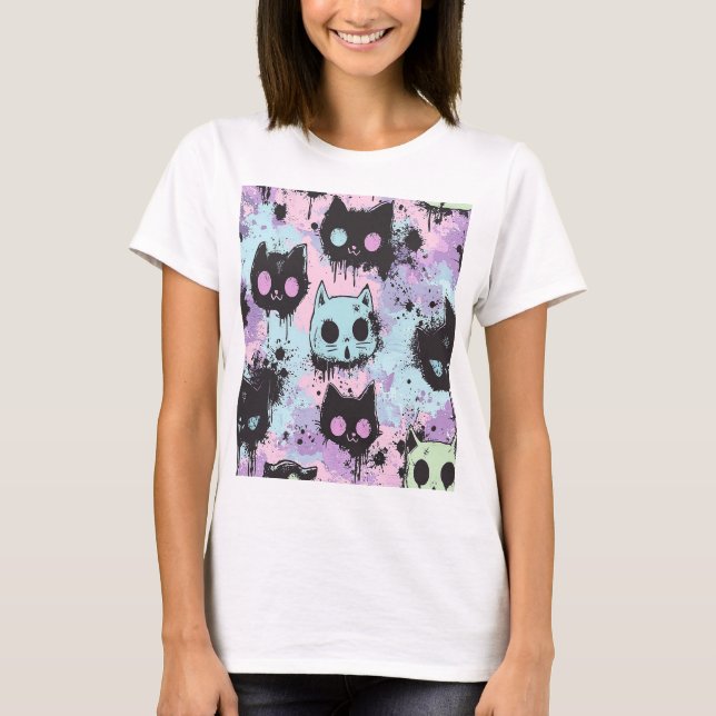 Cute Kawaii Pastel Goth Patchwork Creepy Cat T Shirt (Framsida)
