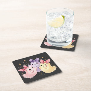 Cute Kawaii Pastel Spöken med Sparkly Bows Underlägg Papper Kvadrat