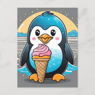 Cute Kawaii Penguin Ice Cream Beach Vykort