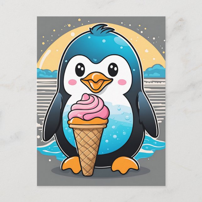 Cute Kawaii Penguin Ice Cream Beach Vykort (Framsida)