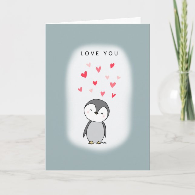 Cute Kawaii Penguin kärlek till Alla hjärtans årsd Kort (Framsida)