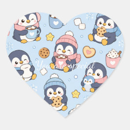 Cute Kawaii Penguin Winter Pattern | Cozy Hot Coco Hjärtformat Klistermärke