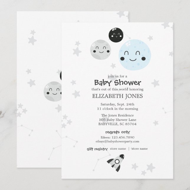 Cute Kawaii Planet och Måne Baby Shower Inbjudningar (Fram/baksida)