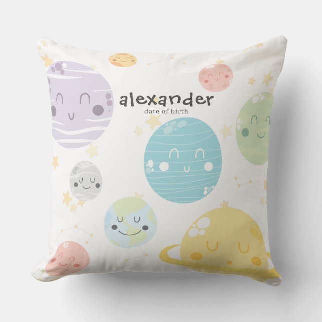Cute Kawaii Planets och Stars Monogram Kudde (Framsida)