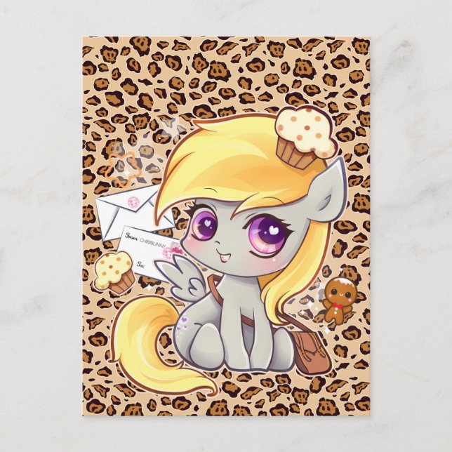 Cute kawaii postman pony on leopard print vykort (Framsida)