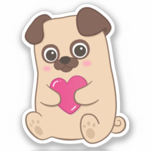 Cute Kawaii Pug Rosa Heart Valentine Klistermärken