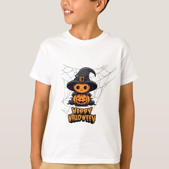 Cute Kawaii Pumpkin Witch Happy halloween T Shirt (Framsida)