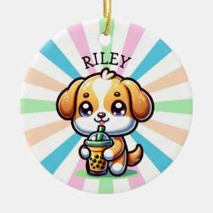 Cute Kawaii Puppy Hund med Bubble Tea Personlig Julgransprydnad Keramik