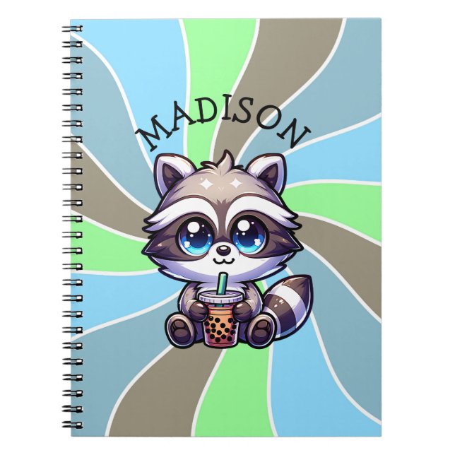 Cute Kawaii Raccoon med Bubble Tea Personlig Anteckningsbok (Framsidan)